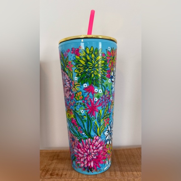 Lilly Pulitzer Other - Lilly Pulitzer double wall tumbler w/ straw Floral 24oz Walking on Sunshine